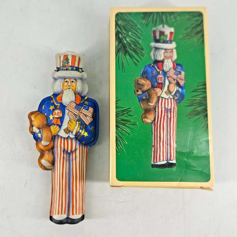 Vintage Hallmark Uncle Sam red white n blue Pressed Tin Ornament